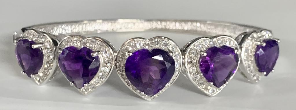 Sterling Heart Bangle Bracelet w Purple Stones. (1 of 11)
