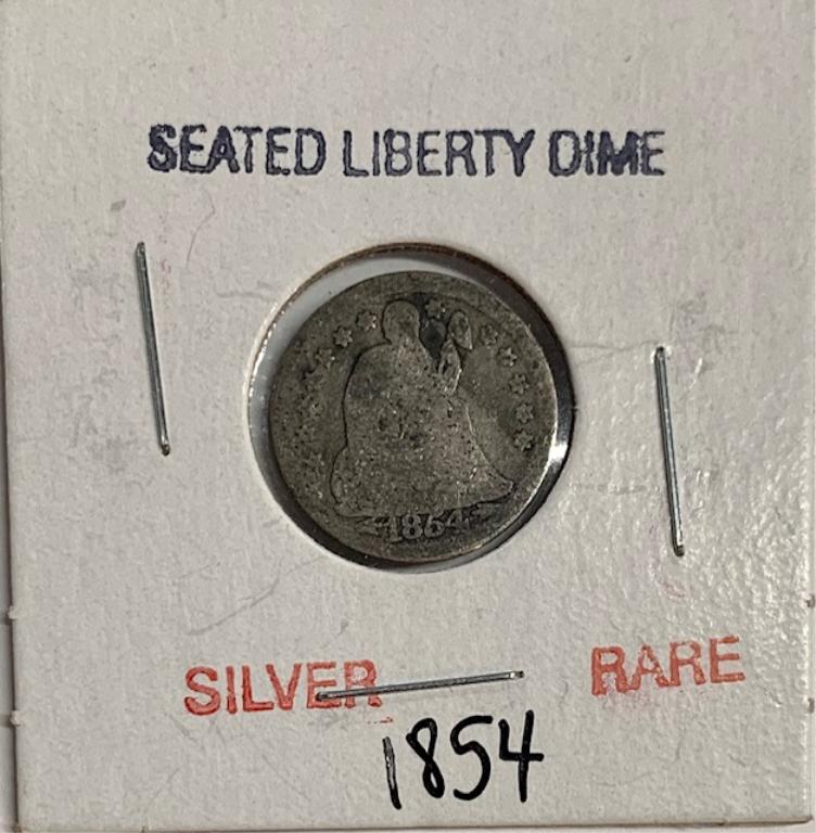 1854 Seated Liberty Silver Dime: 1854 Seated Liberty Silver Dime. Rare - Silver. Photo's are considered part of the description and condition. 102