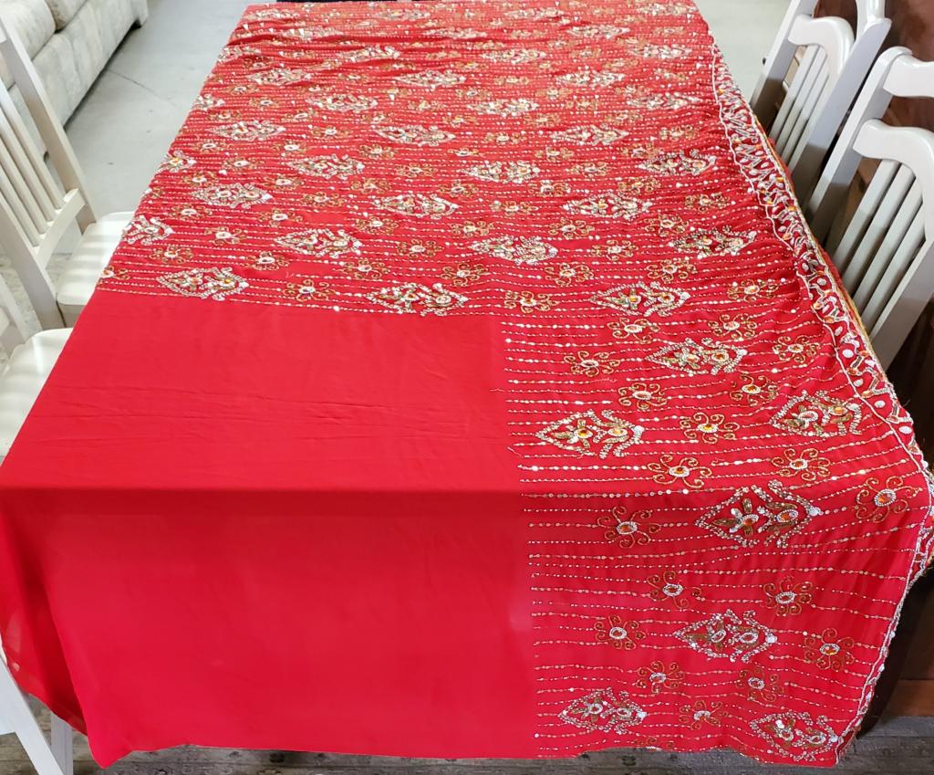 Red Beaded Stole/Sari/Wrap/Runner India?: Red Beaded Stole/Sari/Wrap/Runner India? Apx. 172" L x 46" W. Photo's are considered part of the description and condition.