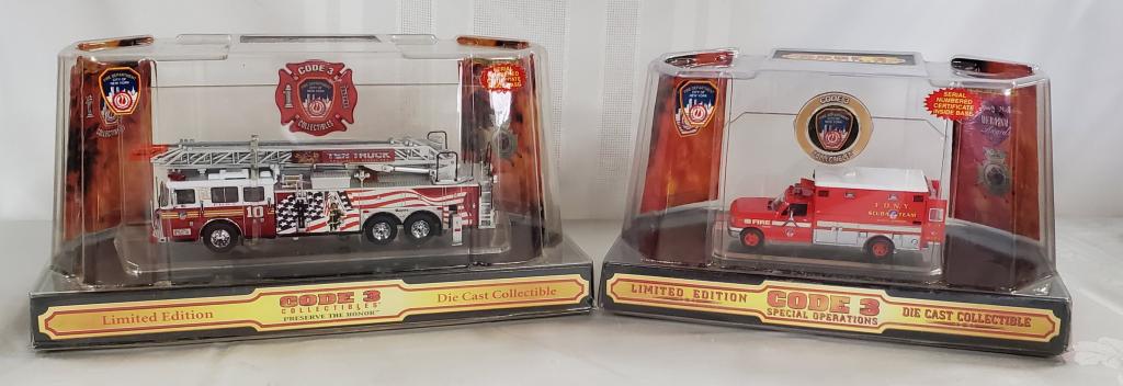 2 Limited Edition Code 3 Fire Trucks NIP: 2 Limited Edition Code 3 Fire Trucks. *Dept. of NY Rescue Services Scuba Team. *New York, NY Ten Truck Liberty Street. 1/64 Scale. Both new in package. Photos are considered part of the description an