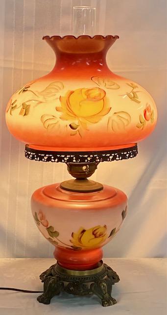 Beautiful Gone with the Wind Electrified Lamp: Beautiful Gone with the Wind Electrified Table Lamp. 3 Way Lighting. Hand Painted Shade Apx. 12" Diameter. Chimney Apx. 14" H. Apx. 26" Base to top of chimney. Photo's are considered part of the descr