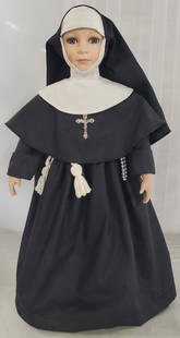 Vintage Kingstate Doll Crafter Nun Doll: Vintage Kingstate Doll Crafter Nun Doll. Sister Maria - Porcelain. Includes Doll Stand. Apx. 16 1/2" H. Photos are considered part of the description and condition.