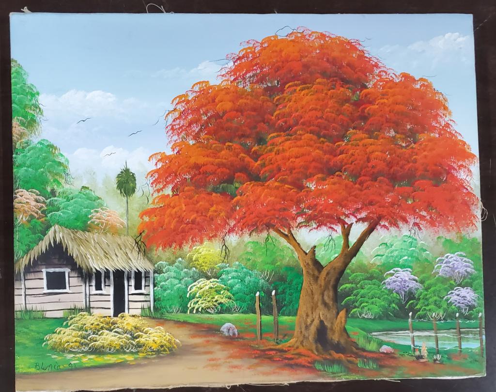 Classic Caribbean/Haitian Oil on Canvas: Classic Caribbean/Haitian Oil on Canvas. Signed and Dated. Flamboyan Tree with Thatched Roof Cabin. Unframed. Apx. 20" W x 16" H. Photos are considered part of the description and condition.