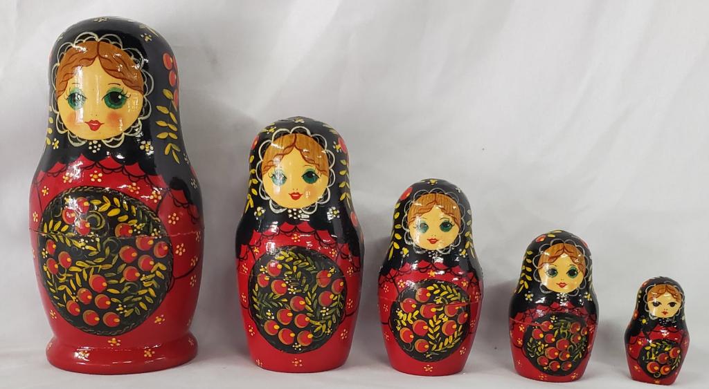 Russian Matryoshka Dolls: Set of Russian Matryoshka Dolls 5 Piece Nesting Doll Set. Signed. Apx. 1 1/2" H to 5 1/2" H. Photos are considered part of the description and condition.