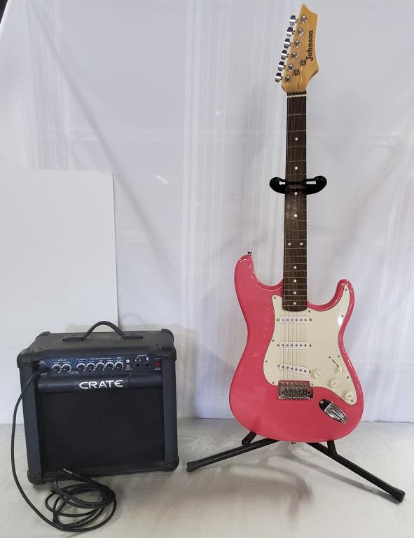 Johnson Soft Pink Electric Guitar with Crate Amp: Johnson Soft Pink Electric Guitar with Crate Amp. *Johnson Strat-Style Electric Guitar: Gloss Soft Pink- EMG Pickups: Mfg Date Unknown. *Crate GT15 Guitar Amplifier #CNCDQB0133. Does not include Guita