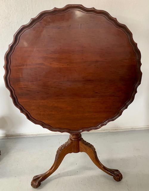 Beautiful Carved Mahogany Tilt Top Table: Beautiful Carved Mahogany Tilt Top Table. Authentic Reproduction by Craftique, Inc., Mebane, N.C. Apx. 29 1/2" H x 32" Diameter. Apx. 47" H. Tilted. Photos are considered part of the description and c