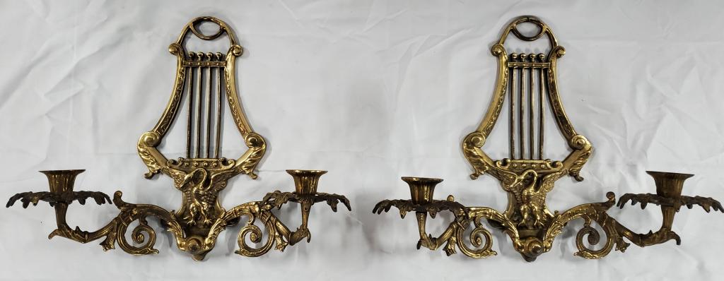 2 Brass Double Candle Wall Sconces-Lyre Harp (1 of 9)
