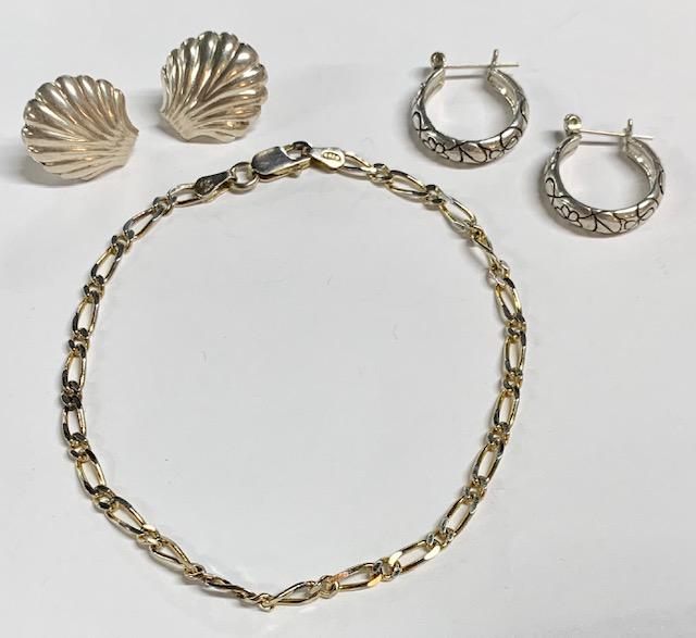 2 Pairs Sterling Earrings & Sterling Bracelet: 2 Pairs of Sterling Earrings & Sterling Bracelet. *Pair of Small Sterling Shell Design Pierced Earrings - Backs re not sterling. *Pair of Small Sterling Hoop Pierced Earrings. *7" Sterling Bracelet. P