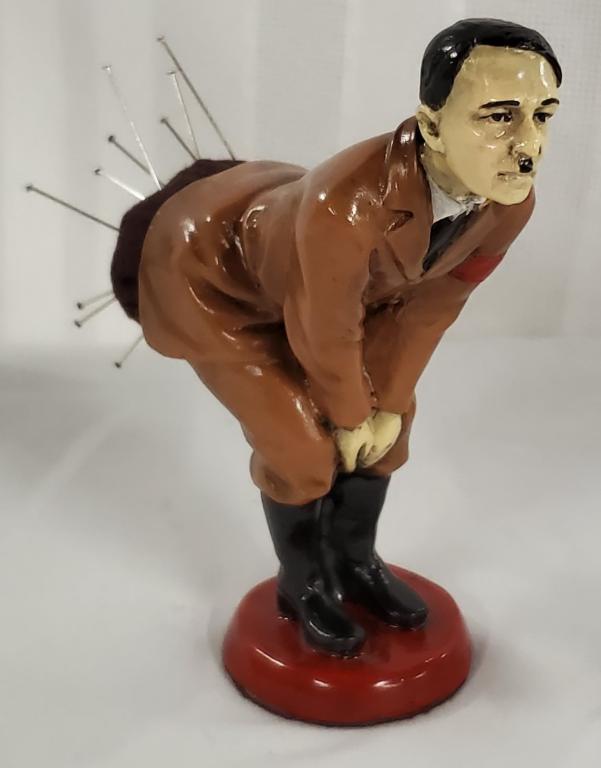 Vienna Bronze Adolf Hitler Figural Pin Cushion: Vienna Bronze Adolf Hitler Figural Pin Cushion. Comical Version. Apx. 4 1/2" H. Photo's are considered part of the description and condition.