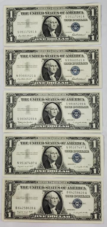 5 One Dollar Bills 1957 With Blue Seal (1 of 4)