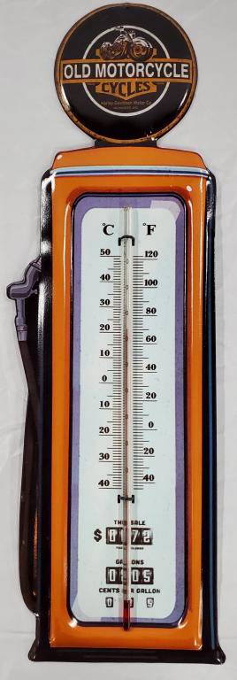 Metal "Old Motorcycles" Thermometer: Metal/Tin "Old Motorcycles" Thermometer. Old Gas Pump Theme. Indoor/Outdoor Themrmometer. New Apx. 18 3/4" H x 5 1/2" W. Photos are considered part of the description and condition.