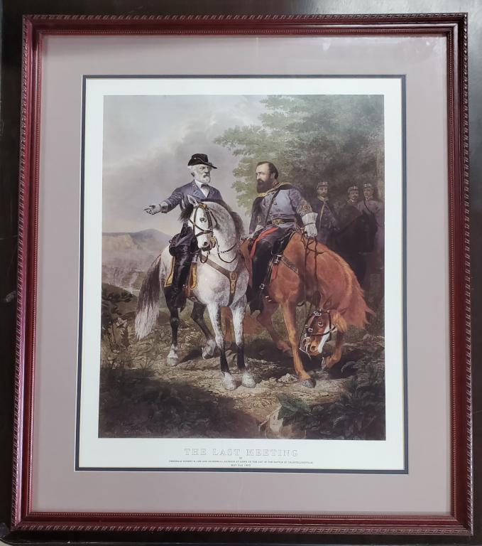 Framed Print "The Last Meeting": Framed Print "The Last Meeting". by Julio Generals Robert E. Lee & Stonewall Jackson Framed behind Glass Apx. 30 1/2" H x 25 1/2" W. Photos are considered part of the description and condition.