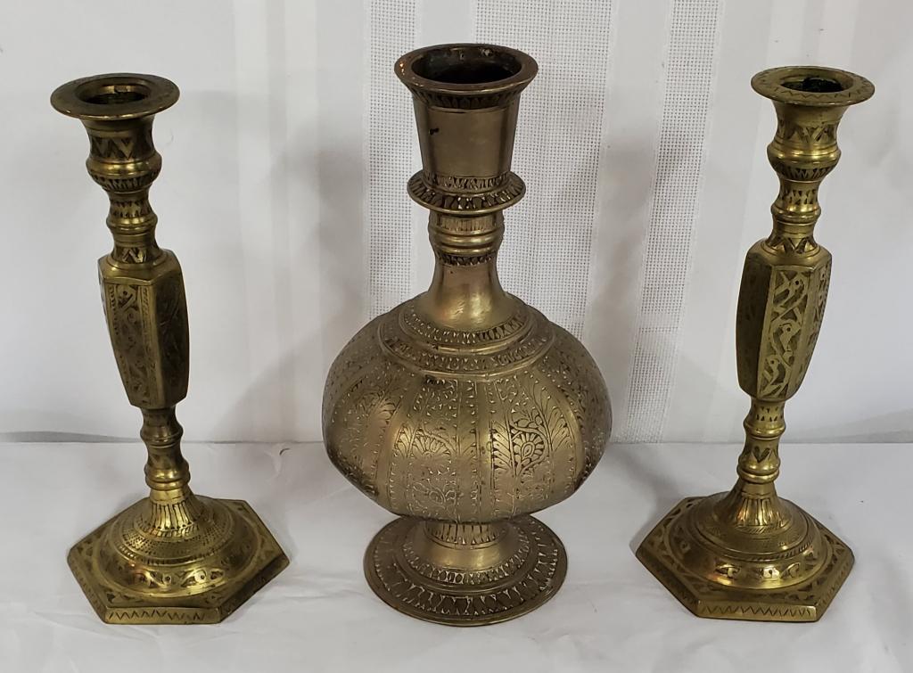 Ornate Brass Candlesticks and Vase (1 of 14)