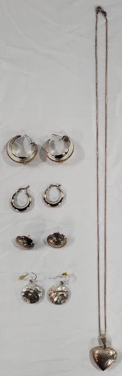4 Pair of Sterling Earrings & Heart Necklace (1 of 6)