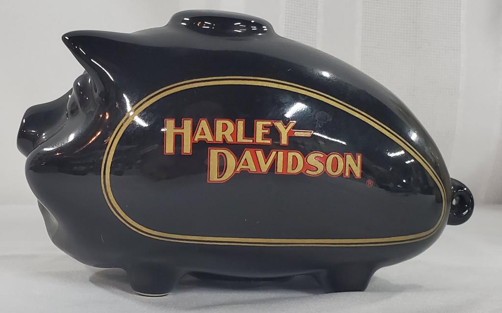 Harley Davidson Porcelain Hog/Piggy Bank: Harley Davidson Porcelain Hog/Piggy Bank. Apx. 4" H x 7" L. Photo's are considered part of the description and condition. 600