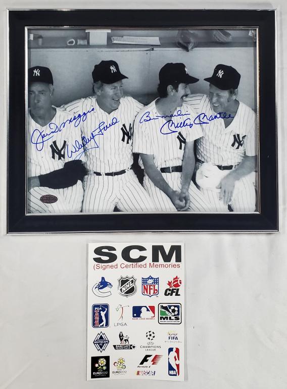 DiMaggio, Ford, Marlin, & Mantle Signed Photo: Joe DiMaggio, Whitey Ford, Billy Martin, and Mickey Mantle Signed Photo. Framed Size Apx. 9 1/2" x 11 1/2". Berner's does not guarantee authenticity of signatures or COA. Photo's are considered part o