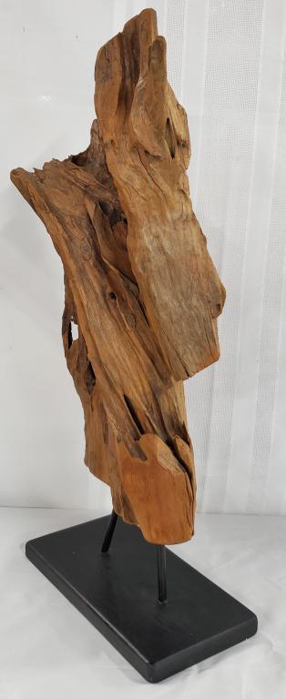 Mid Century Elm Wood Sculpture on Stand: Mid Century Elm Wood Sculpture on Stand. Natural Wood on Wood Stand. Apx. 22" H. Photo's are considered part of the description and condition.