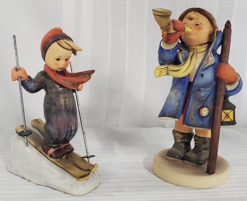 2 Goebel Figurines #34 and #59: 2 Goebel Figurines #34 and #59. *Hear Ye, Hear Ye - #34 Apx. 5 3/4" H. *Skier #59 - Apx. 5 1/2" H. W. Germany. Photo's are considered part of the description and condition.