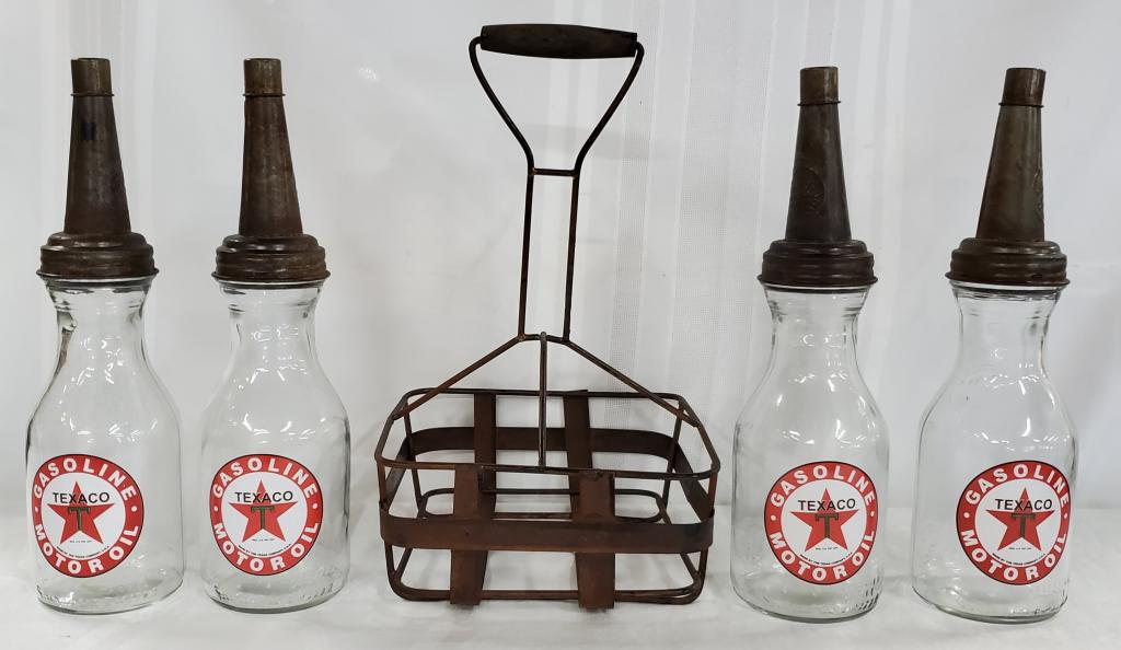 4 Glass Texaco Oil Bottles in Wire Rack (1 of 5)