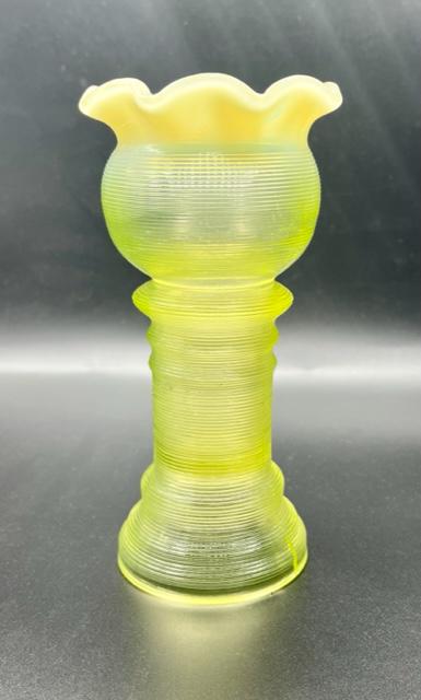 Vaseline Glass Ribbed Vase with Ruffled Top (1 of 7)