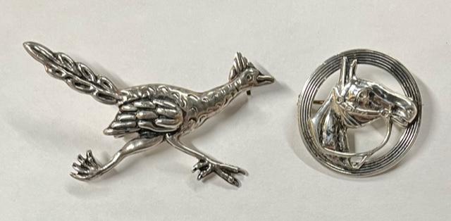 2 Sterling Brooches-Roadrunner and Horse: 2 Sterling Brooches. *Roadrunner-Stamped Taxco 925 *Horse Stamped Beau Sterling. Photo's are considered part of the description and condition.
