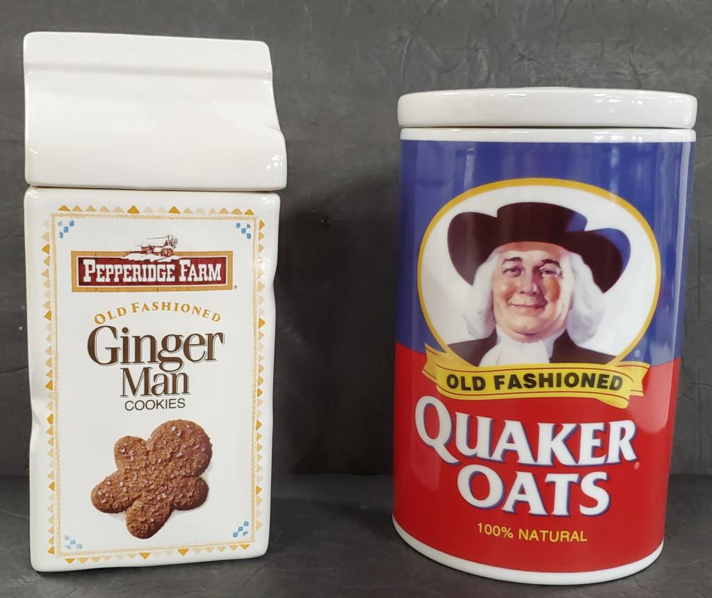Quaker Oats & Pepperidge Farm Cookie Jars: Quaker Oats & Pepperidge Farm Cookie Jars. *Quaker Oats 120th Anniversary Limited Edition Cookie Jar '97 - Apx. 9" H. *Pepperidge Farm Cookie Jar Apx. 10" H.Photos are considered part of the descripti