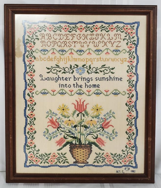 "Laughter Brings Sunshine" Sampler Signed Dated (1 of 7)