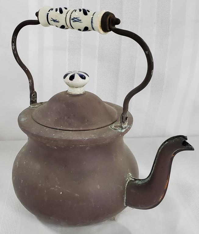 Aged Copper Tea Pot with Ceramic Handle & Knob: Aged Copper Tea Pot with Ceramic Handle & Knob. Apx. 10" H x 10" W with Handle Up. Photo's are considered part of the description and condition.