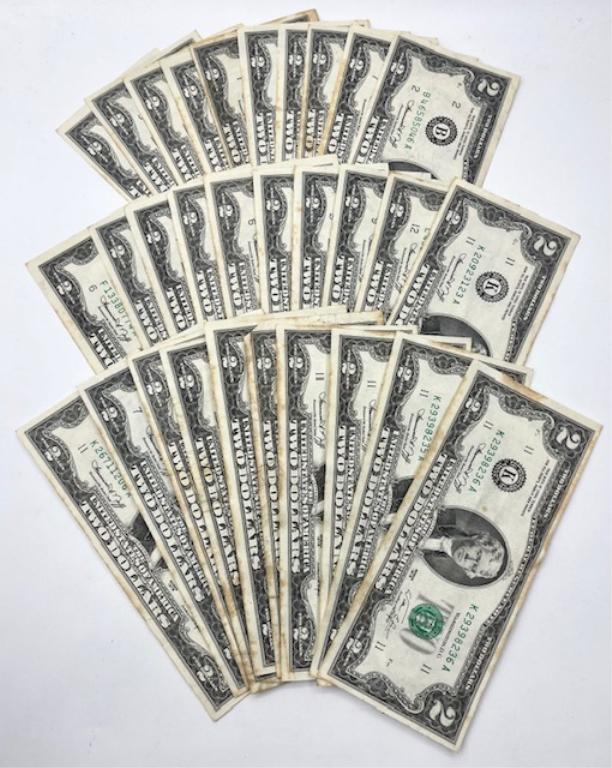 30 - $2.00 Bills: 30 - $2.00 bills. A few are consecutive. Most have staining. Photos are considered part of description and condition.