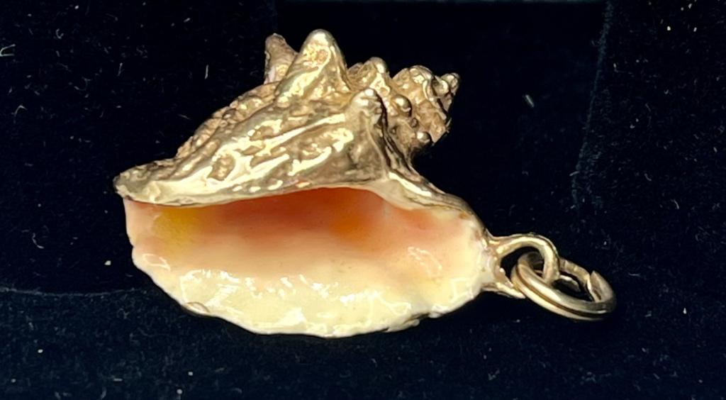 14k Enamel Conch Shell Pendant: 14K Enamel Conch Shell Pendant. Apx. 1". Marked 14k. Photo's are considered part of the description and condition.