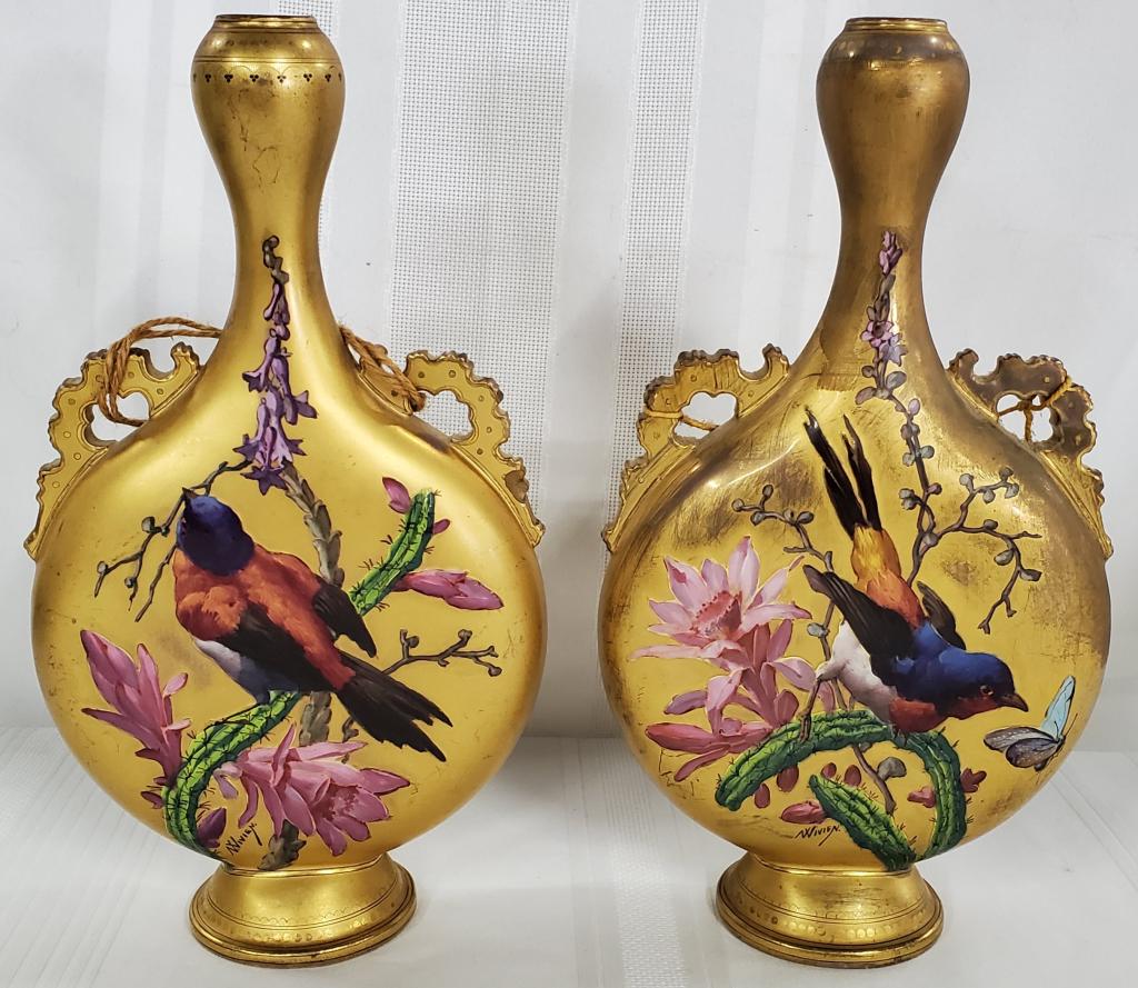 Pair Antique Moon Flask Hand Painted Vases (1 of 12)