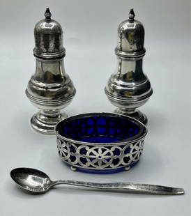 3 Pieces of Sterling 5.5Oz TW: 3 Pieces of Sterling 5.5 Oz. TW *Sterling Salt and Pepper Shakers - 3.9 Oz. Marked with a Heart and a C and number 67. *Sterling Holder with Cobalt Blue Inset. The Cobalt Blue insert is