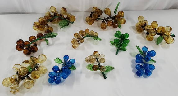 Assortment of Vintage Blown Glass Grapes: Assortment of Vintage Blown Glass Grapes. 10 Bunches of Assorted Colors and Sizes. There is some damage - Some Leaves have cracks and some grapes are broken off.Small, Medium, and Large Sizes.