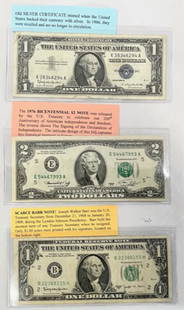 3 Old US Paper Currency: 3 Old U.S. Paper Currency *Old silver certificate - series 1957B. *1976 Bicentennial $2 note. *Series 1963B $1 Barr note. All in plastic protectors. Photos are considered part of the description and