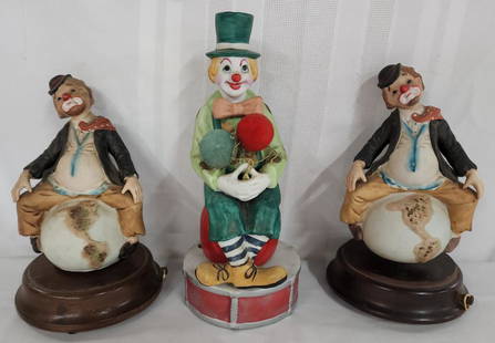 3 Clown Music Figures: 3 Clown Music Box Figures. *Send in the Clowns - Albert Price 1980 Clown on World Apx 9" - Works Somewhat - makes some odd noises. *Matching Clown on World - Does not Work - Apx. 9" H. *Clown on