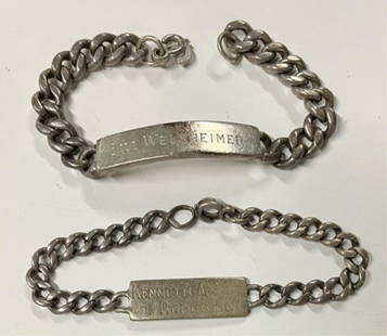 2 Heavy Sterling I.D. Bracelets 2.73 Oz TW: 2 Heavy Sterling I.D. Bracelets. *"Kenneth A. Robinson" - Back Says 35 Sears Ave. Prov R.I. Marked Trifari Sterling Double Cross Hook Clasp Apx. 8".*Bill Welsheimer - Back Marked 881-88-76 