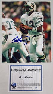 Dan Marino Signed Photo: Dan Marino Signed Photo COA Unframed. Miami Dolphins. Apx. 8" x 10". Berner's does not guarantee authenticity of signature or COA. Photos are considered part of the description and condition.