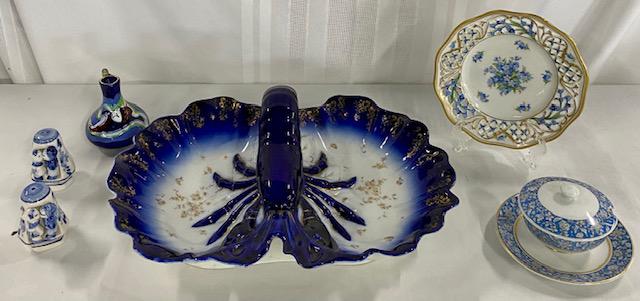 6 Pieces of Collectable Blue Glassware: 6 Pieces of Collectable Blue Glassware. *Blue Lobster Handle Divided Dish - Has some Age Cracks. Austria - Apx. 13 3/4" x 10". *Blue Art Glass Pitcher - Hand Painted '94 Gouda Holland Apx. 3