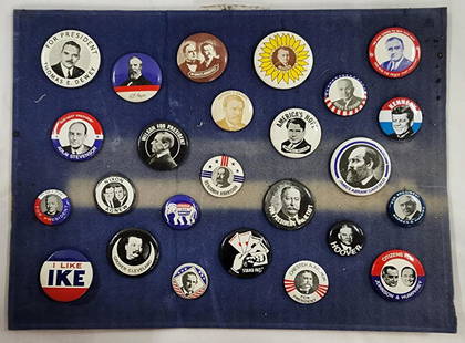 25 Vintage Political Pins on Display Card: 25 Vintage Political Pins/Buttons on Display Card. "100 Exciting Years of Political History. 1872-1972. Paper History of each Button/Pin on Back -Shows Wear. Display Card Apx. 9" H x 12" W. Photo's ar