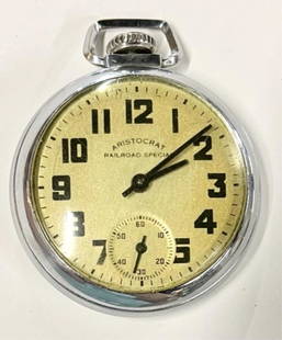 Aristocrat Railroad Special Pocket Watch: Aristocrat Railroad Special Pocket Watch. Silver Tone with etched design on back. We did not remove back. Will run for short periods of time. Photos are considered part of the description and