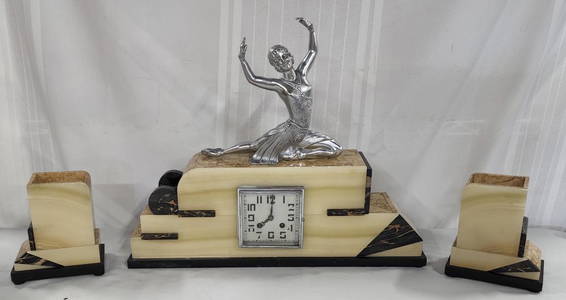 Marble Art Deco H. Molins Clock & 2 Candleholders