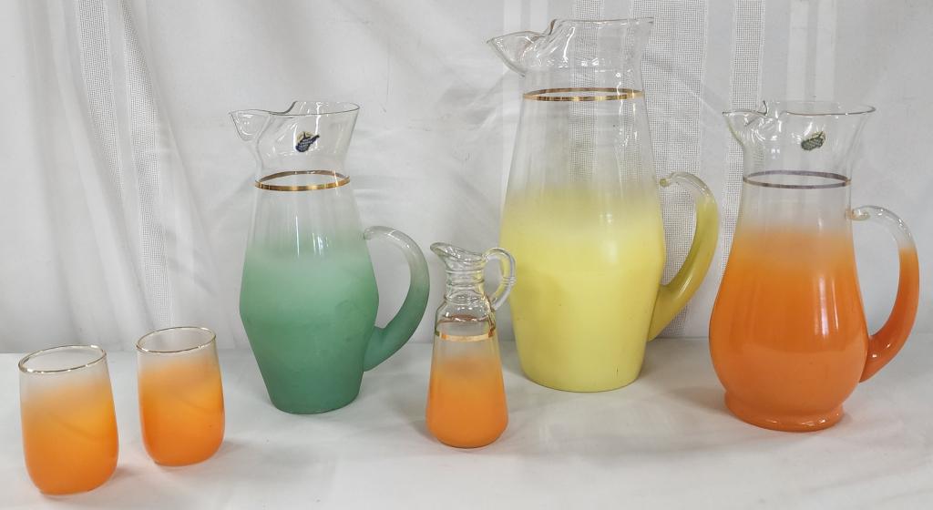 6 Pcs MCM Frosted Blendo Glassware: 6 Pieces MCM Frosted Blendo Glassware. *Yellow Pitcher - Apx. 11 1/2 H". *Orange Pitcher - Has Paper Label West Virginia Glass Apx. 9" H. *Green Pitcher - Has Paper Label West Virginia Glass Apx. 9" H