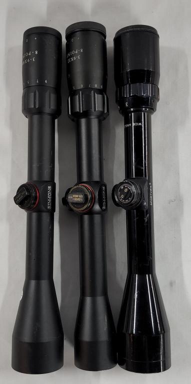 3 Rifle Scopes - (2) Simmons - (1) Sportiew: 3 Rifle Scopes - Cross Hairs - Good Optics. *Simmons 510513 - 3-9x40 - 8 Point - Apx. 12" L. *Simmons 560524 - 3-9x32 - 8 Point - Apx. 12" L. *Sportview - Waterproof - 3x-9x, 40 - 79-33940 AE Apx. 12"