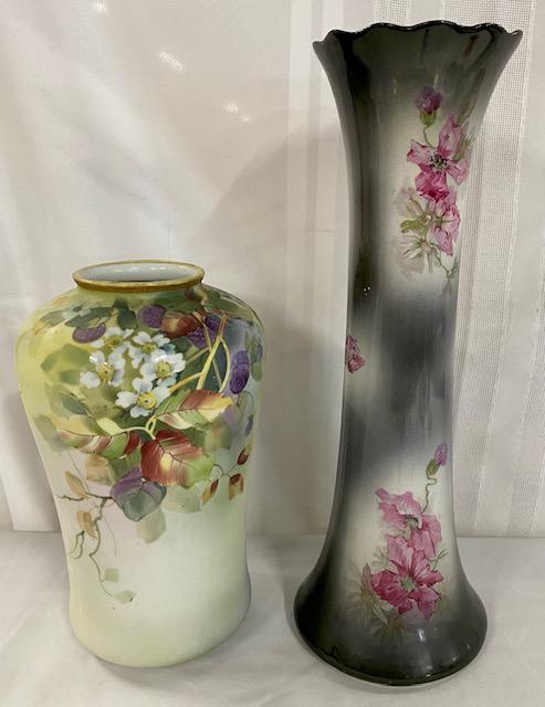 Hand Painted Warwick and Nippon Vases: Hand Painted Warwick and Nippon Vases. *Warwick Pained Vase marked IOGA . Axp. 15" H x 5" Diameter at Base. *Nippon Handpainted Vase - Some gold paint wear along rim. Apx. 10 1/2"H. Photos are conside