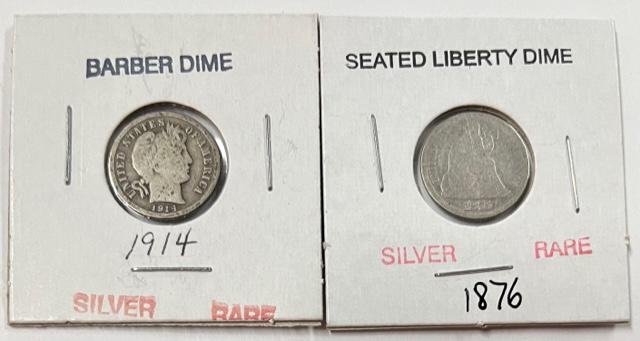 1876 Seated Liberty & 1914 Barber Silver Dimes (1 of 7)
