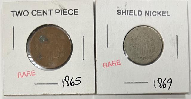 1865 Two Cent Piece & 1869 Shield Nickel (1 of 7)
