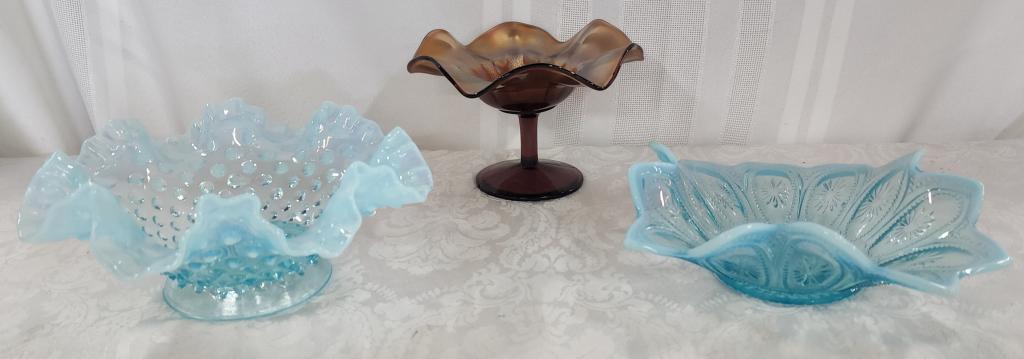 Amethyst Compote/Epergene Dish/Blue Bowl: *Amethyst Compote - Apx. 4 1/2" H. *Blue Opalescent Hobnail Crimped Epergne Dish (does not have the Epergne's) Apx. 3 1/2" H x 8" Diameter. *Blue Opalescent Bowl - Apx. 2 1/2" H x 8" Diameter. Photo's