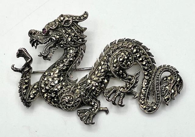 Sterling Marcasite Dragon Brooch w/Ruby? Eye (1 of 12)