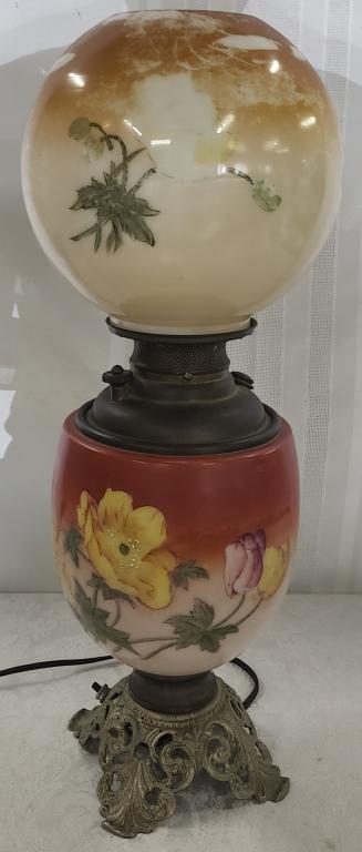 Antique Gone with the Wind Electrified Lamp: Antique Gone with the Wind Electrified Lamp. Hand Painted. Lots of paint wear on Shade. Only lights on the top. Apx. 21" H. Photos are considered part of the description and condition.