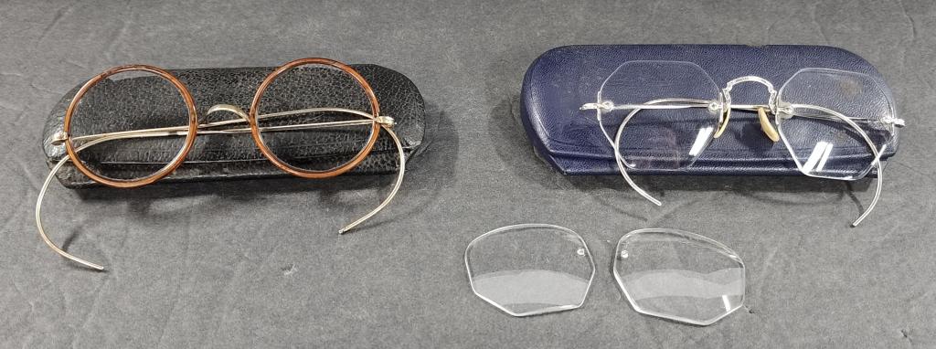 2 Pairs of Vintage Eye Glasses in Cases: 2 Pairs of Vintage Eye Glasses in Cases. *Arishel Gold and Brown - Round Lens. *Frameless B & L 10k Br with extra set of lens'. Photos are considered part of the description and condition.